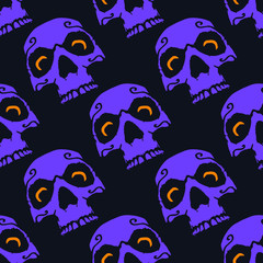 Purple Skull with Orange Eyes Halloween Seamless Pattern