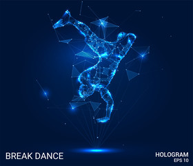Hologram break dance. The dancer stands on his hands of polygons, triangles of points and lines. Break dance is a low poly connection structure. Technology concept.