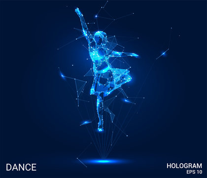 Hologram dance. Dancer from polygons, triangles points and lines. Dance lowpoly connection structure. Technology concept.