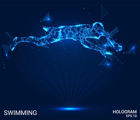 Hologram swimming. Swimmer of polygons, triangles of points and lines. Swimming is a low poly connection structure. Technology concept.