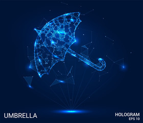 The hologram umbrella. Umbrella of polygons, triangles of points and lines. Umbrella is a low poly connection structure. Technology concept. © newrossosh
