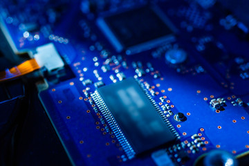 Circuit board.Motherboard digital chip. Electronic computer hardware technology.Integrated communication processor.Information engineering component.Tech science background.shallow focus effect.