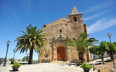 Church of St Andrew (San Andrés) in Aljucen village near Merida in Way of Santiago (Via de la Plata) at the province of Badajoz Extremadura Spain