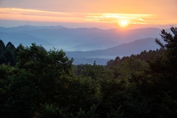 Fototapeta na wymiar 日の出／山の裾野に霞みが架かり朝日が森を照らす夜明けの風景