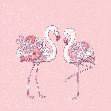Pink flamingo with rose and peony flowers. Beautiful design print. Vector illustration © Maria