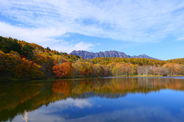 Fototapeta na wymiar 上信越国立公園。紅葉の小鳥ヶ池から戸隠連峰を望む。長野　日本。１０月下旬。