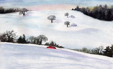 Watercolor sketch: red car goes through snow; a hill covered in snow, silhouettes of winter trees.
