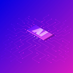 Isometric artificial Intelligence and Machine Learning Concept. Vector illustration symbol AI. Microchip and another modern technologies concepts.