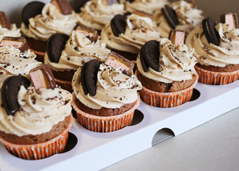 Tasty cupcakes. Homemade chocolate muffin with Vanilla Cheese Cream. Delicious sweet dessert.