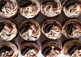 Tasty cupcakes. Homemade chocolate muffin with Vanilla Cheese Cream. Delicious sweet dessert.