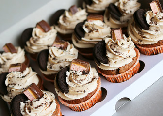 Tasty cupcakes. Homemade chocolate muffin with Vanilla Cheese Cream. Delicious sweet dessert.