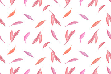 Red watercolor fancy leaves repeat pattern on the white background, floral composition, simple seamless ornament