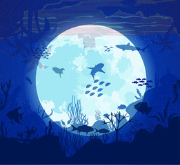 Fantasy World, Dream. Ocean under the moon. Vector illustration