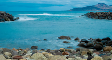 Fototapeta na wymiar Beach from Canary Islands. Gran Canaria. Blue background.