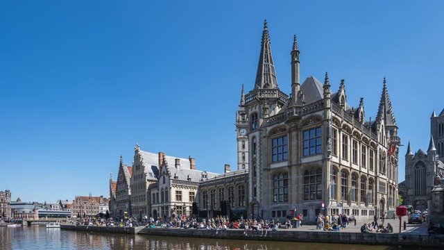 Old buildings and canal of Ghent old town in Ghent, Belgium time lapse.
