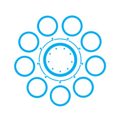Template for infographics on 9 positions. Circles arranged in a circle with arrows. Color blue on white background