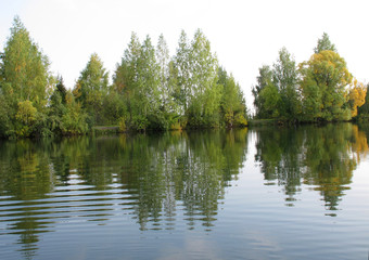 Fototapeta na wymiar Autumn forest on the lake is reflected in the water