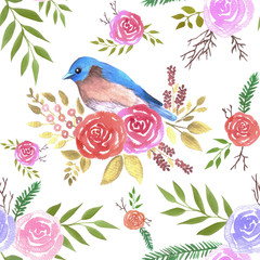 Eastern bluebird or Sialia sialis on seamless rose pattern watercolor background