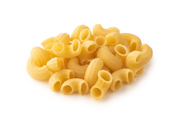 Group of elbow macaroni shape of italian pasta on white background isolated