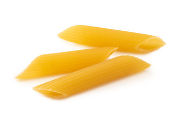 Group Penne Rigate shape of pasta on white background isolated