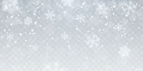 Christmas snow. Heavy snowfall. Falling snowflakes on transparent background. White snowflakes flying in the air. Vector illustration