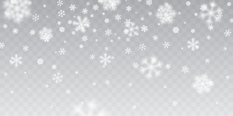 Christmas snow. Heavy snowfall. Falling snowflakes on transparent background. White snowflakes flying in the air. Vector illustration