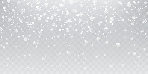 Christmas snow. Heavy snowfall. Falling snowflakes on transparent background. White snowflakes flying in the air. Vector illustration
