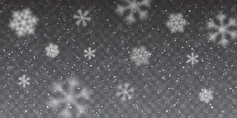 Christmas snow. Heavy snowfall. Falling snowflakes on transparent background. White snowflakes flying in the air. Vector illustration