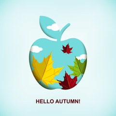 Hello autumn banner with apple and autumn leaves. Vector illustration. Space for text