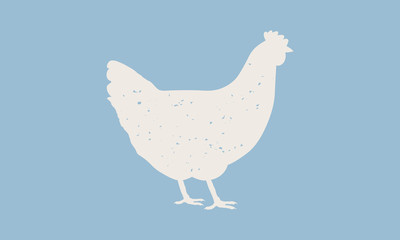 Hen silhouette. Hen or Chicken icon isolated on blue background. Graphic design for meat shop, grocery, farmers market. Vintage typography. Vector Illustration