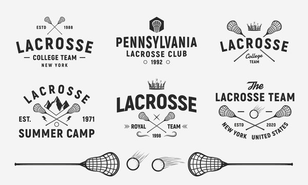 Lacrosse emblems, logos, badges templates. Set of 6 Lacrosse logos and 3 design elements. Lacrosse stick and ball isolated on white background. Lacrosse team vector emblems