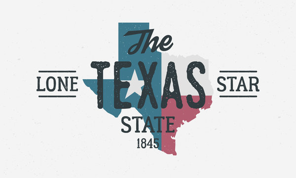 Texas State logo, poster. The Lone Star State. Print for T-shirt, typography. USA Texas flag map vintage design. Vector illustration
