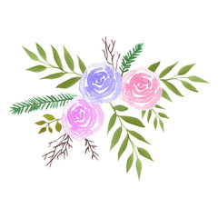 Watercolor roses bouquet with pink roses and ferns
