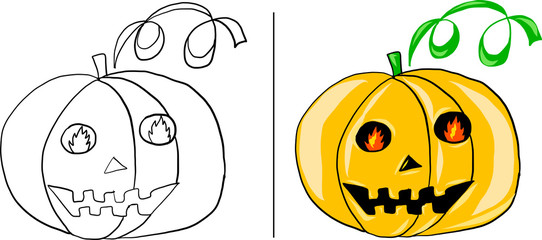 Set of two halloween pumpkins - coloring and colorful