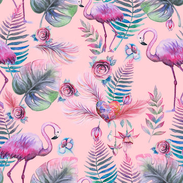 Tropical seamless floral pattern with watercolor palm leaves, flowers and pink flamingo. Purple, pink and green texture. Floral mix artwork