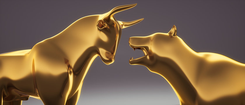 Golden Bull and angry Bear closeup - 3D illustration