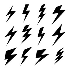 Black icons of thunder or lightning vector signs. Thunder strike logo on a white background