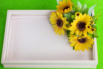 yellow sunflowers on a pink tray. Green background.