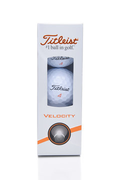 IRVINE, CA - MAY 31, 2017: Titleist Velocity Golf Balls. Produced by the Acushnet subsidiary of Fila, and headquartered in Fairhaven, Massachusetts.