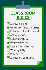 Classroom rules poster. Clipboard over green
