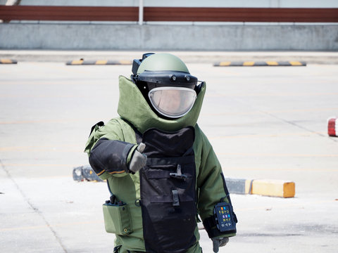 Bomb Disposal Expert in Bomb suit for Explosive ordnance disposal