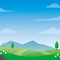 Hill vector with blue bright sky, cloud, and mountain suitable for illustration or background. Field vector illustration.