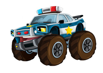 cartoon happy and funny off road police car looking like monster truck smiling vehicle illustration for children © honeyflavour