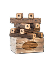 Fuel briquettes folded in rows on a white background.
