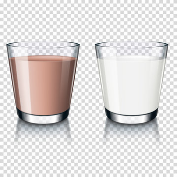 Realistic Transparent Glass Of Milk And  Cocoa In A Glass (chocolate Milk), Isolated.