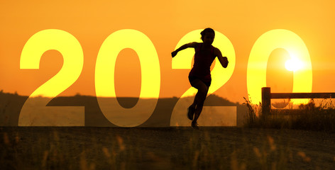 silhouette of girl running in 2020 text for happy new year