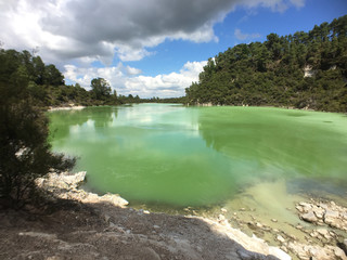 The stunning coloured geo thermal pools with steam at Wai-O-Tapu just outside of Rotorua, New Zealand.