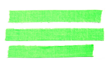 Three pieces of green cloth fluorescent gaffer tape isolated on white background.