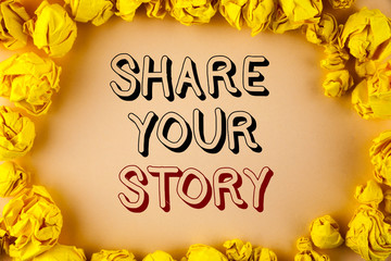 Text sign showing Share Your Story. Conceptual photo Tell personal experiences talk about yourself Storytelling written plain background within Yellow Paper Balls.