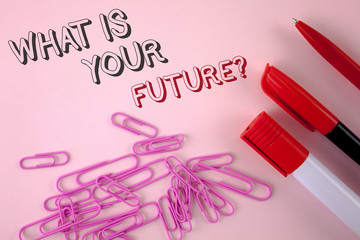 Writing note showing What Is Your Future Question. Business photo showcasing Where do you see yourself in the next years written plain Pink background Pen Marker and Paper Pins next to it.